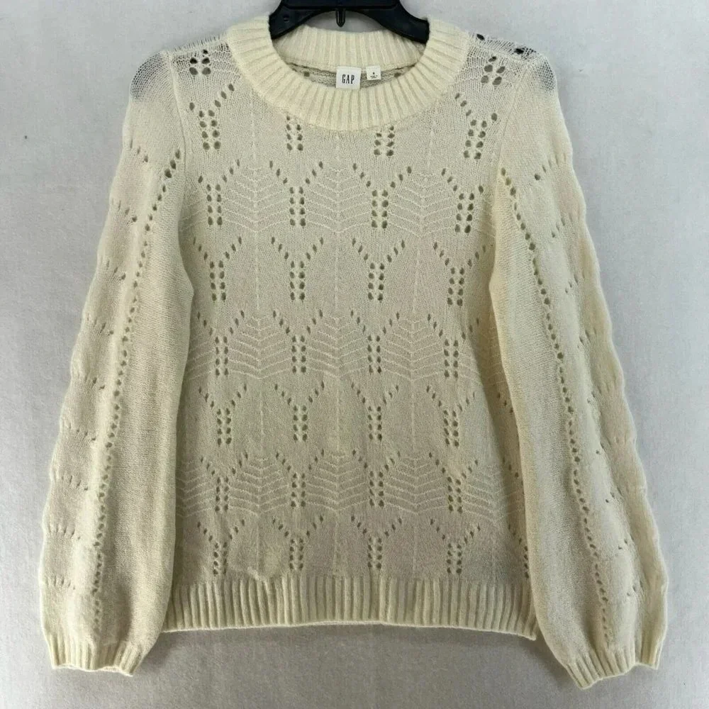 GAP Sweater Women's S Beige Cable-Knit Pointelle Crew Neck Ribbed Balloon Sleeve - Picture 2 of 13